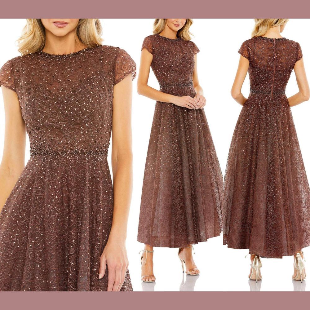 NWT Mac‎ Duggal [ 4 ] 20371 Embellished Cap Sleeve A Line Dress Chocolate Brown